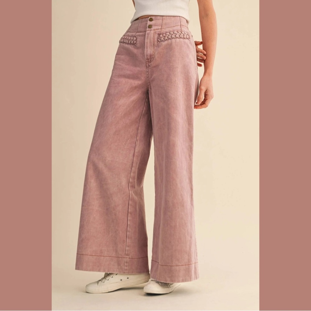Braided Detail Pink Wide-Leg Jeans